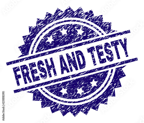 FRESH AND TESTY stamp seal watermark with distress style. Blue vector rubber print of FRESH AND TESTY tag with unclean texture.