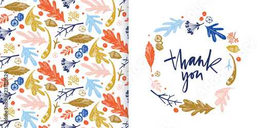 Autumn foliage seamless pattern and thank you card