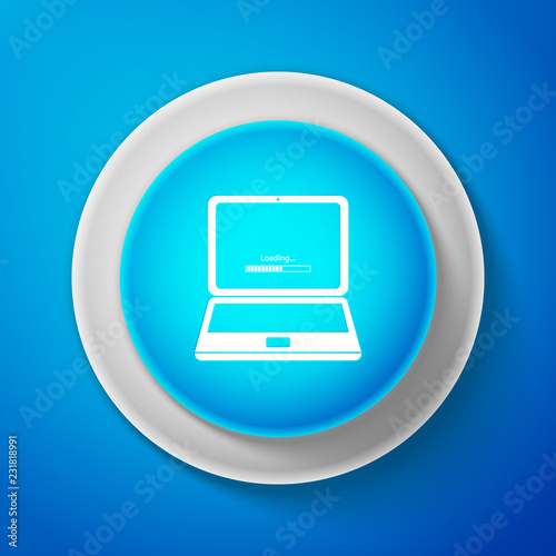 White Laptop update process with loading bar icon isolated on blue background. System software update. Loading process in laptop screen. Circle blue button with white line. Vector Illustration