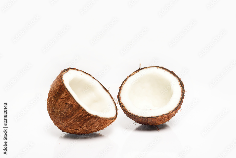 Close-up of Broken coconut isolated on white background