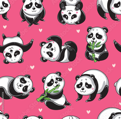 Cute pandas seamless pattern. Vector illustration for greeting card, poster, or print on clothes