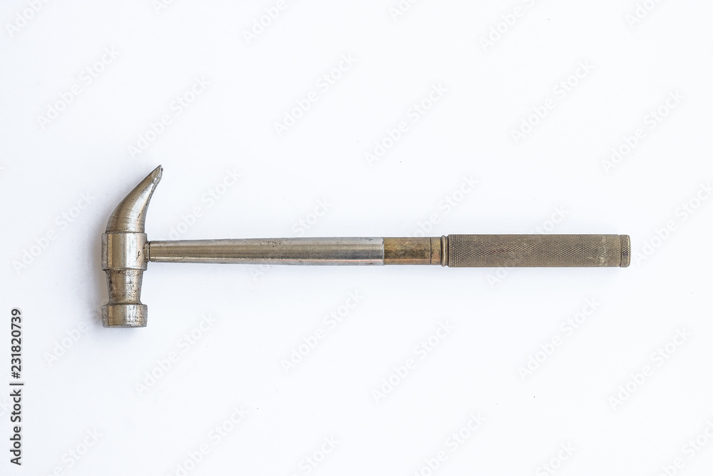 Old vintage small steel hammer on white background, Old tool carpenter  isolate wood industry Stock Photo