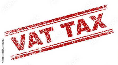 VAT TAX seal print with corroded effect. Red vector rubber print of VAT TAX text with retro texture. Text title is placed between double parallel lines.