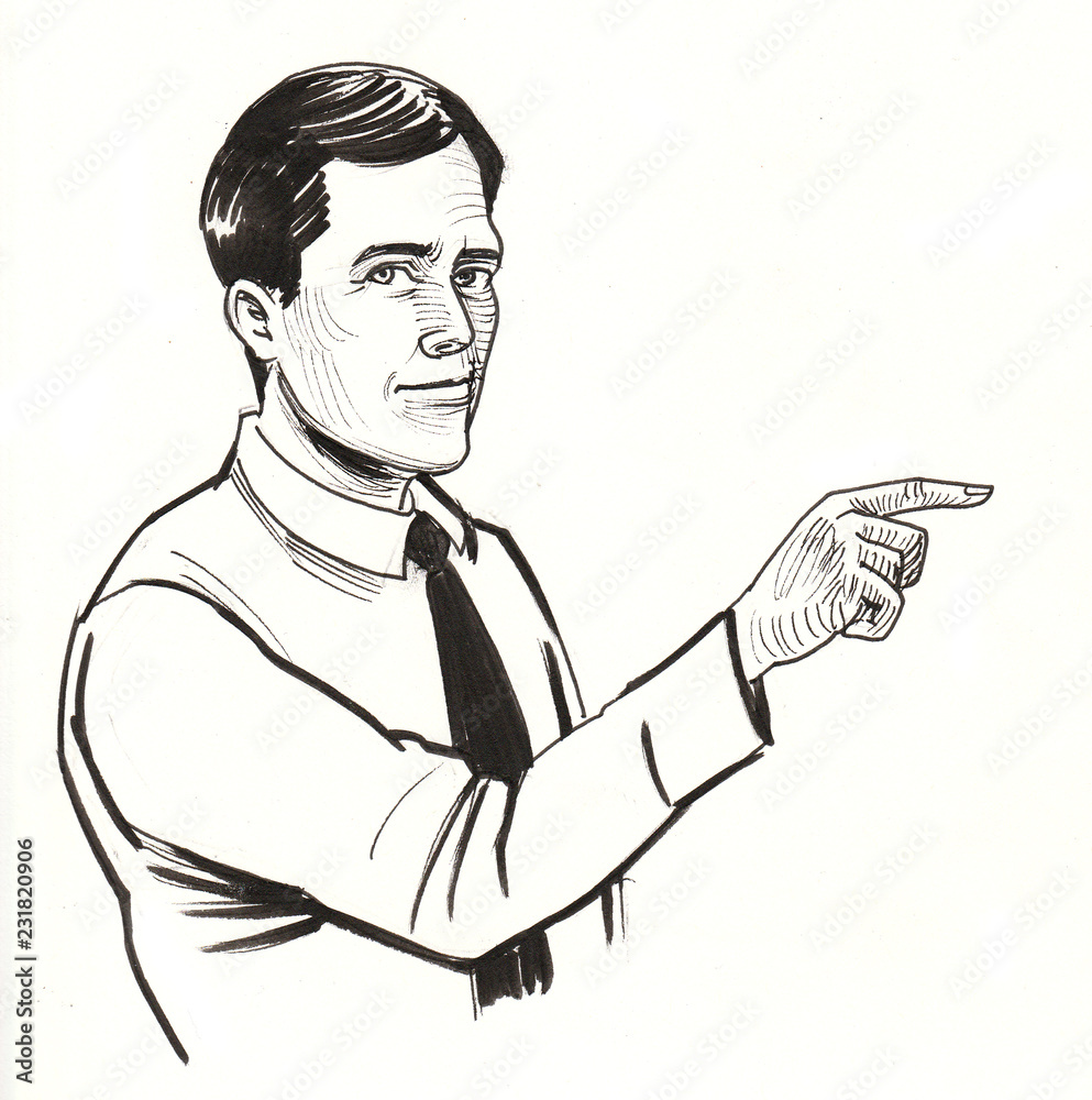 Handsome young man pointing right. Ink black and white illustration Handsome young man pointing right. Ink black and white illustration