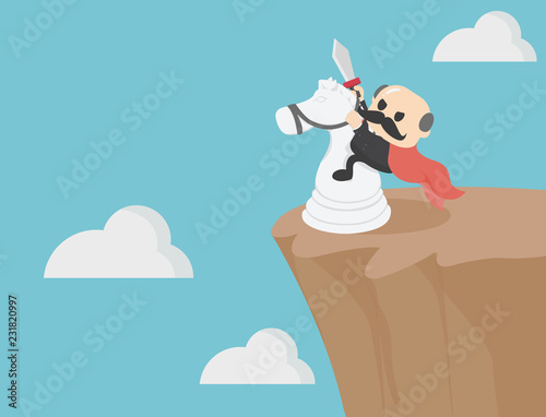 elderly businessman riding horse on a steep cliff, he succeeds.