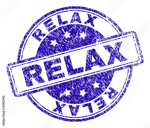 RELAX stamp seal watermark with grunge texture. Designed with rounded rectangles and circles. Blue vector rubber print of RELAX caption with scratched texture.