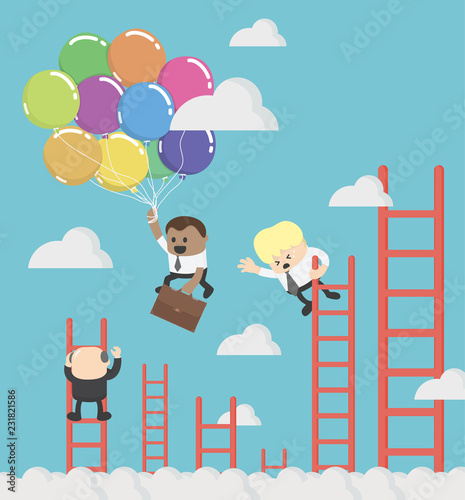 African Businessman compete by climbing higher up the ladder. A leader is flying faster on balloon