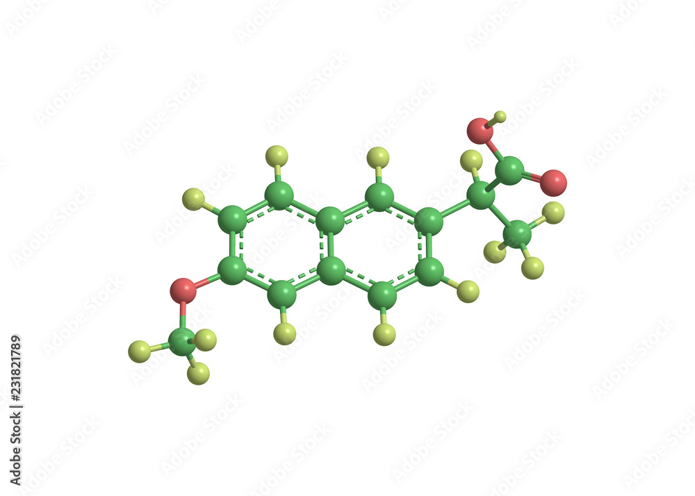 High resolution ball and stick model of naproxen molecule High resolution ball and stick model of naproxen molecule