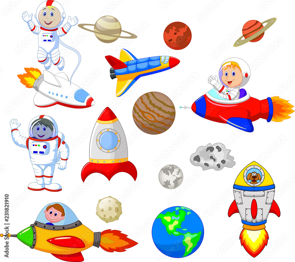 Fototapeta premium Cartoon astronaut with spaceship collection set