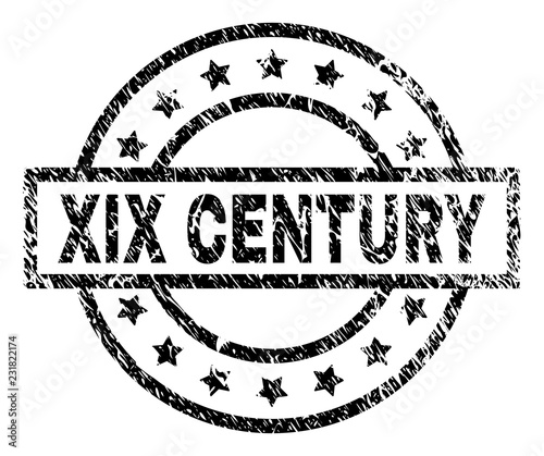 XIX CENTURY stamp seal watermark with distress style. Designed with rectangle, circles and stars. Black vector rubber print of XIX CENTURY caption with dust texture.