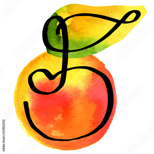 A line drawing of an apple with a watercolor texture, an abstract vector illustration