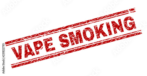 VAPE SMOKING seal imprint with corroded texture. Red vector rubber print of VAPE SMOKING label with corroded texture. Text title is placed between double parallel lines.