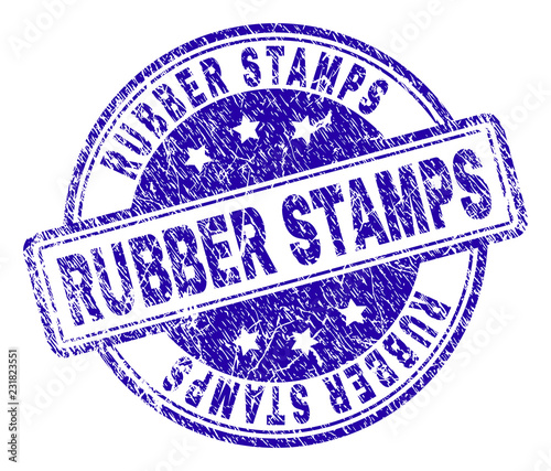 RUBBER STAMPS stamp seal imprint with grunge texture. Designed with rounded rectangles and circles. Blue vector rubber print of RUBBER STAMPS caption with grunge texture.