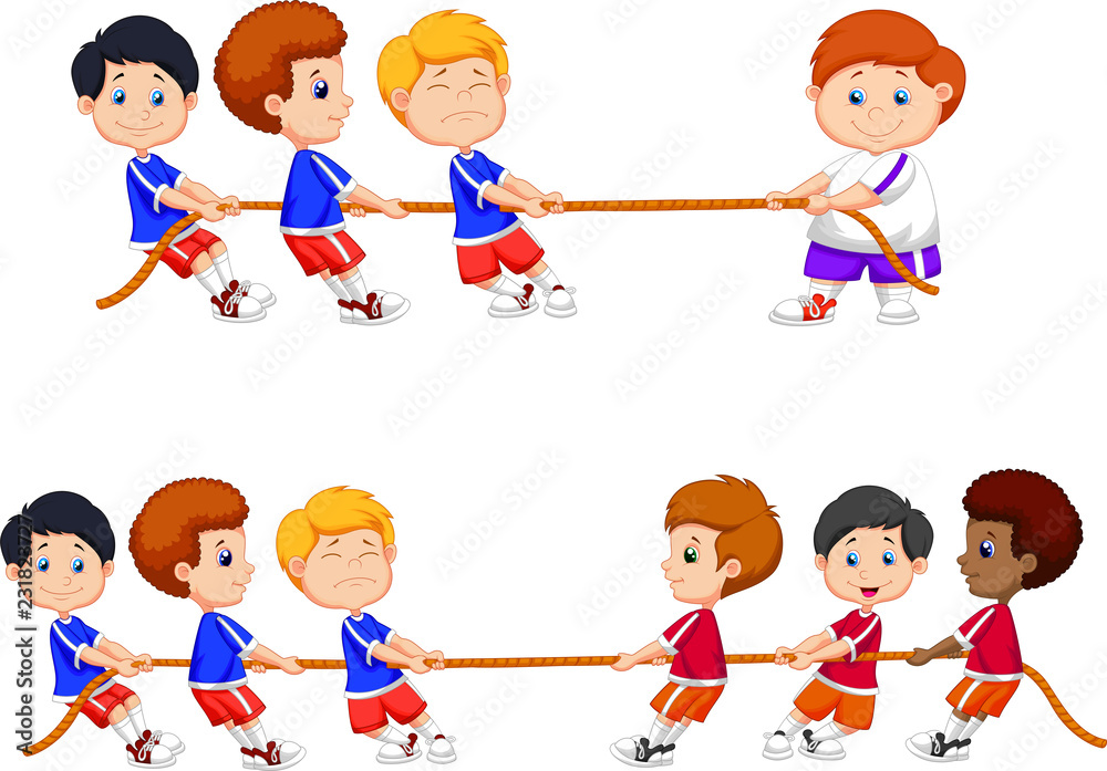 Cartoon group of children playing tug of war Cartoon group of children playing tug of war