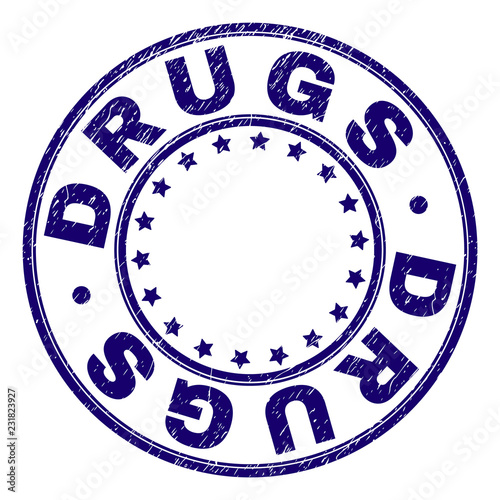 DRUGS stamp seal watermark with grunge texture. Designed with round shapes and stars. Blue vector rubber print of DRUGS label with dirty texture.