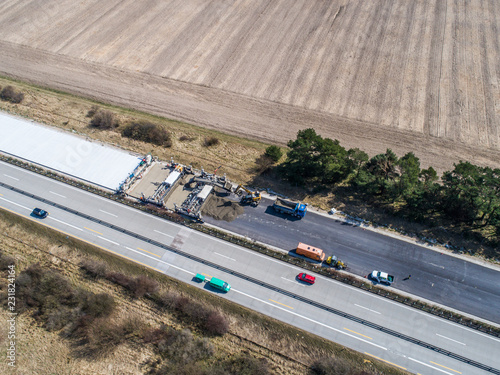 road renovation on a highway in Germany - aerial view photo