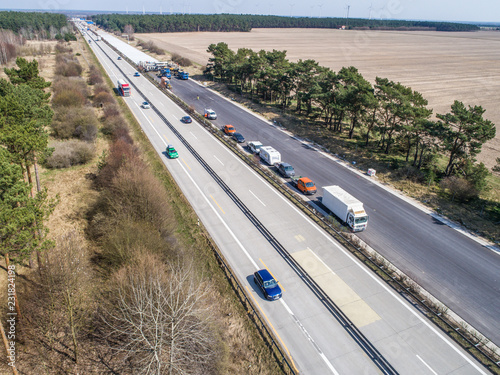 road renovation on a highway in Germany - aerial view photo