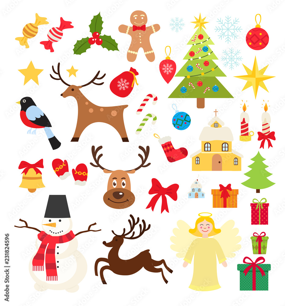 Set of Christmas elements icons, snowman,gifts, snowflakes, candy and deer in cartoon flat style Set of Christmas elements icons, snowman,gifts, snowflakes, candy and deer in cartoon flat style