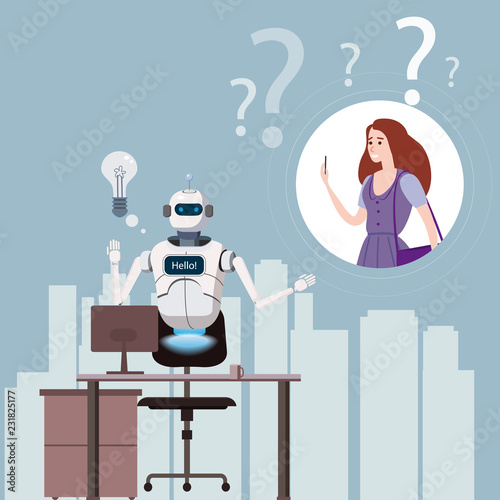 Free Chat Bot, Robot Virtual Assistance On Laptop Say Hello Element Of Website Or Mobile Applications, Artificial Intelligence Concept Cartoon Vector Illustration Office Background