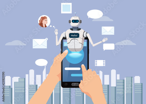 Hands Hold Smartphone Free Chat Bot, Robot Virtual Assistance On Smartphone Say Hello Element Of Website Or Mobile Applications, Artificial Intelligence Concept Cartoon Vector Illustration