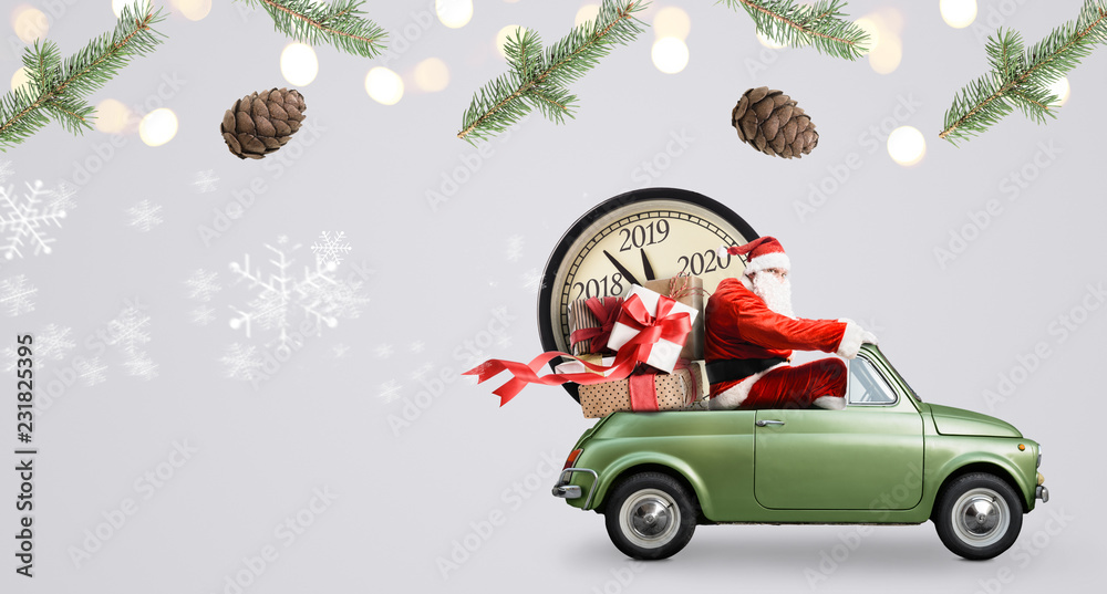 Christmas countdown arriving. Santa Claus on car delivering New Year gifts and clock at gray background