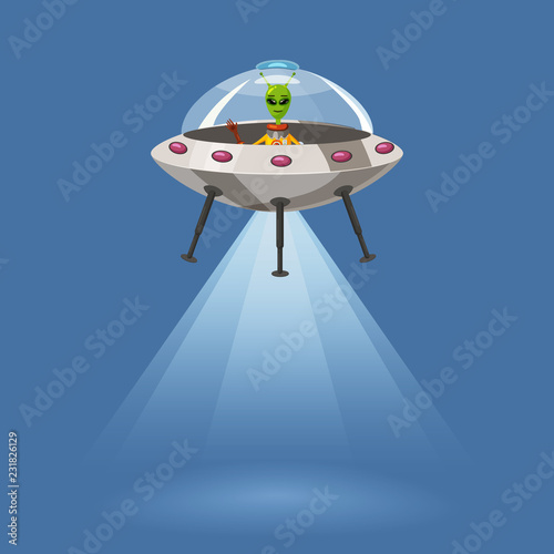 Ufo flying spaceship with alien, isolated on blue background, rays light, cartoon style, vector illustration. Concept, template