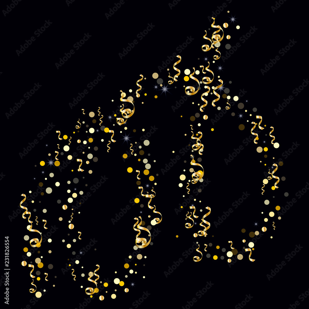 Golden serpentine and confetti on a black background Memorable design of wallpaper, background, cover, printing, packaging