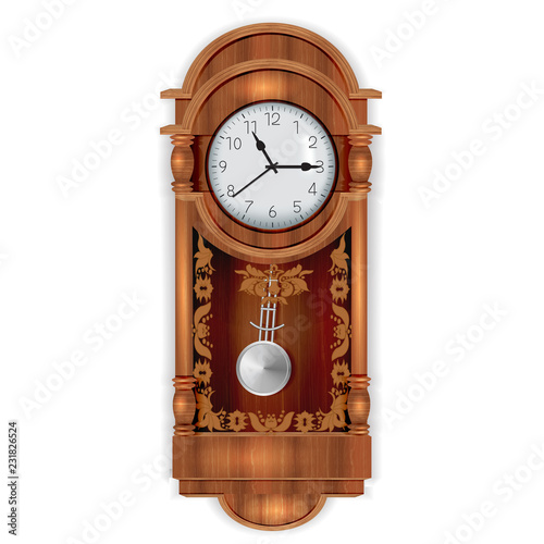 Antique wooden clock isolated on a white background.Old watch with interior.Vector illustration.