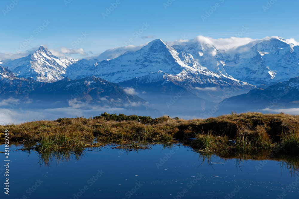 Blick vom Niederhorn zu den schneebedeckten Gipfeln der Berner Alpen (u.a. Eiger, Mönch, Jungfrau)
