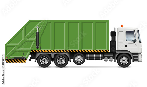 Realistic garbage truck vector mockup. Isolated template of dump lorry on white background for vehicle branding, corporate identity. View from right side, easy editing and recolor.