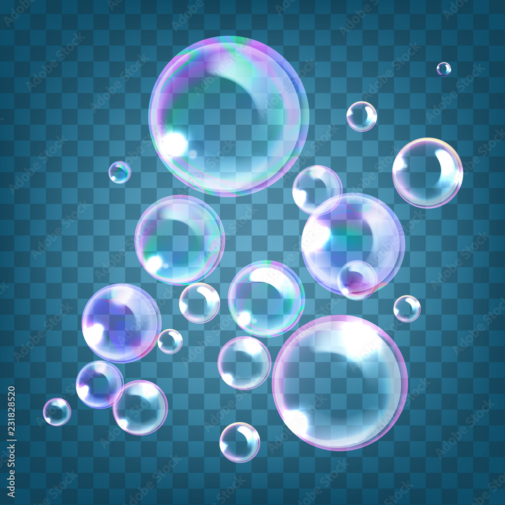 Vector illustration of realistic soap bubbles with rainbow reflection isolated on blue transparent background