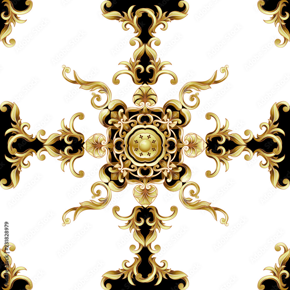 Seamless pattern  with golden baroque elements. Vector illustration.