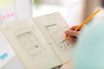 technology, user interface design and people concept - hand of ui designer or developer drawing smartphone sketches in notebook at office