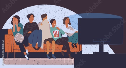 Group of friends sitting on sofa or couch in darkness and watching horror movie. Young girls and boys with scared faces look at TV screen. Colorful vector illustration in flat cartoon style.