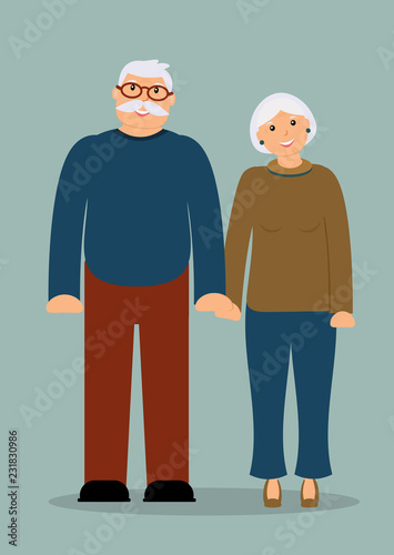 Happy family seniors: smiling elderly man and woman in full growth on the blue background. Vector illustration