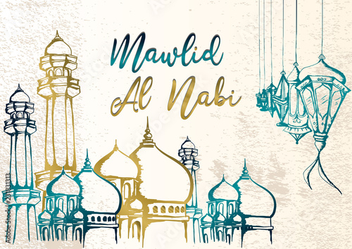 Mawlid Al Nabi hand drawing greeting design for muslim community with arabic mosque and lantern on grunge background. Elegant style vector illustration.