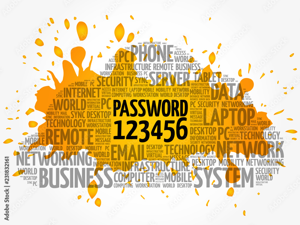 Easy Password 123456 word cloud collage, technology concept background