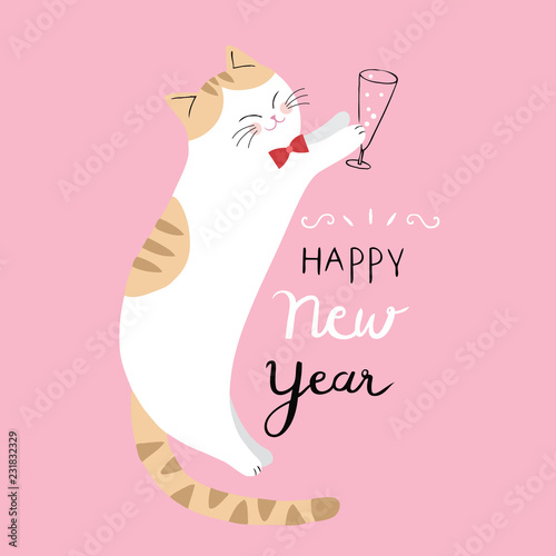Cartoon cute cat happy new year vector.