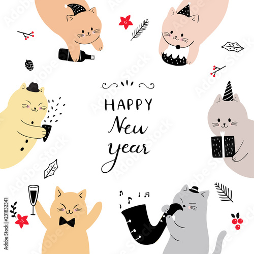 Cartoon cute cat happy new year vector.
