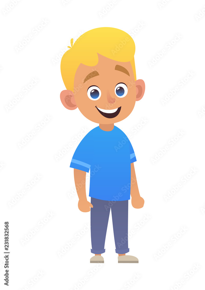 Smiling cute boy blond in blue shirt