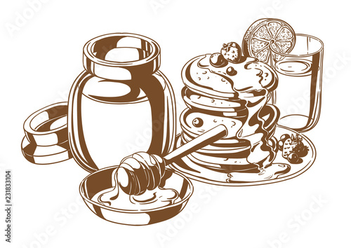 Pancakes with honey and fruit