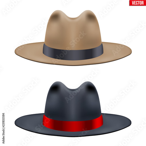 Set of Classic Gentlemen Hat. Black and Brown color with ribbon. Retro Accessory for beauty stylish man. Vector Illustration Isolated on white background.