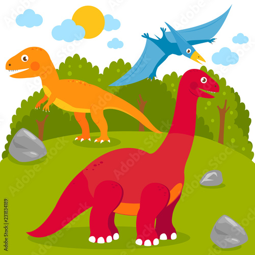 Prehistoric landscape with dinosaurs. A pterodactyl  a brontosaurus  an apatosaurus and a tyrannosaurus. Vector illustration