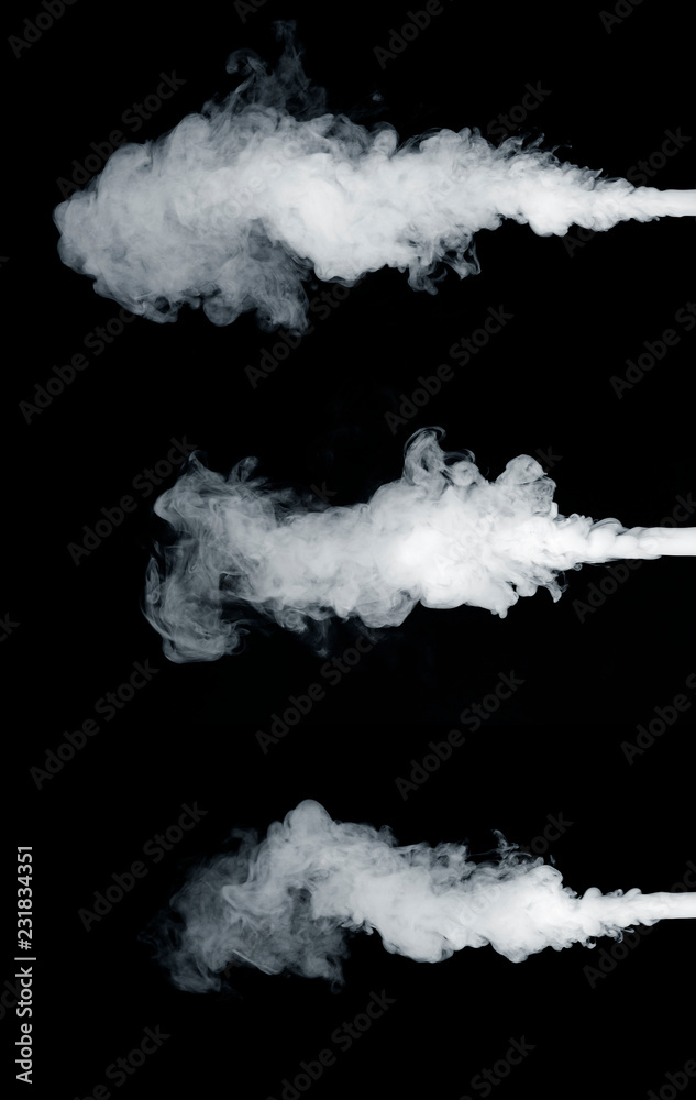Set of three white smoke clouds on black background. Stream ink texture. Gradient smoke vapor isolated. 