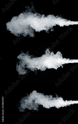 Set of three white smoke clouds on black background. Stream ink texture. Gradient smoke vapor isolated. 