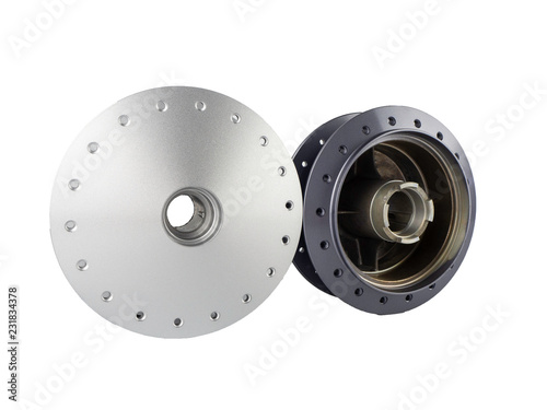 Spare parts of motorcycle front hub drum brake isolated on white background.