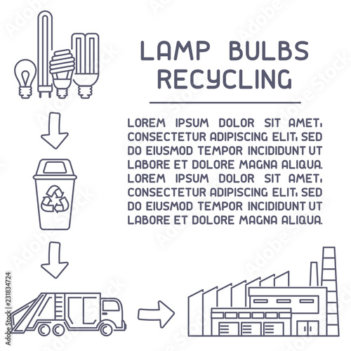 Light bulbs recycling information banner. Line style vector illustration. There is place for your text