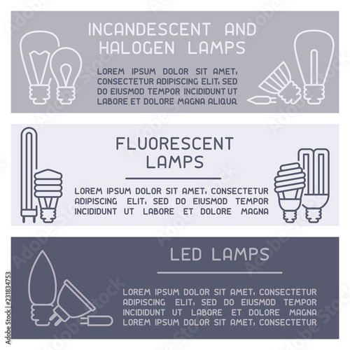 Different types of lamps with names. Line style vector illustration. Four info cards. There is place for your text