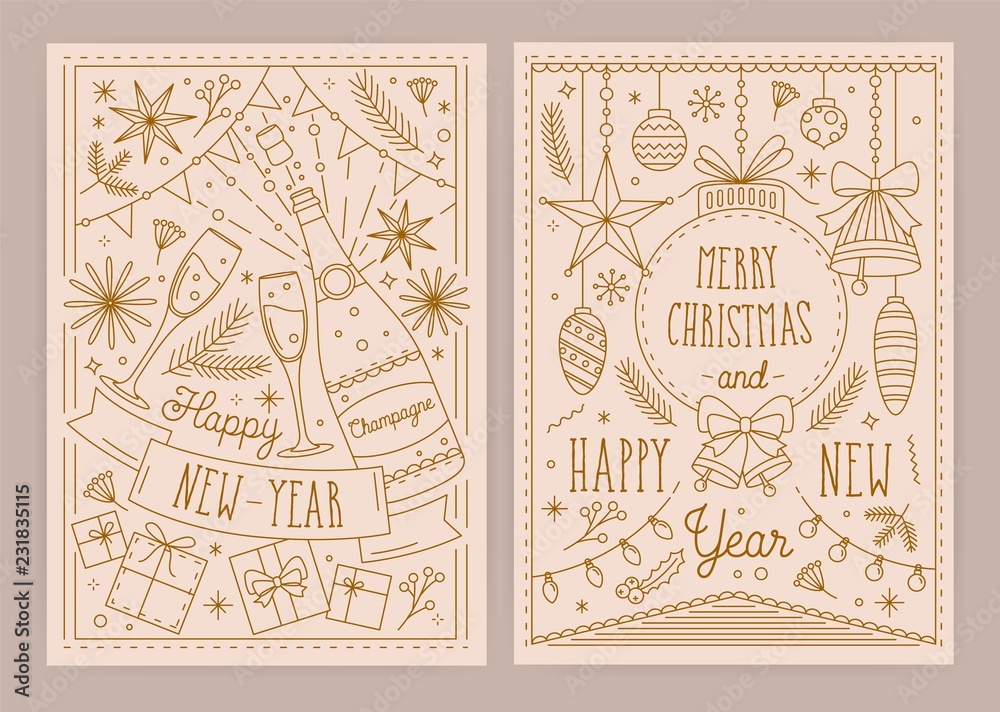 Set of Christmas and New Year greeting card templates with traditional festive decorations drawn in linear style - bells, baubles, clinking glasses, light garlands. Monochrome vector illustration.
