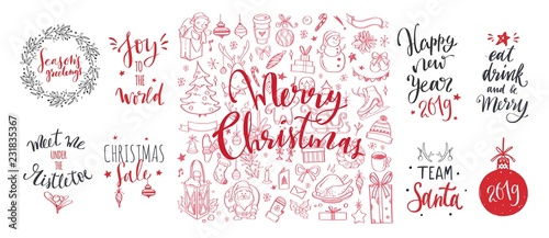 Merry Christmas and New Year words on Christmas tree decoration. Vector hand drawn Lettering
